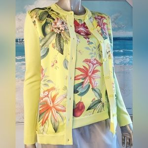 ◇$3,400 NEW CARDIGAN TOP TWIN SET LIME GREEN FLORAL KNIT SET US S